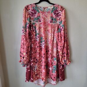Umgee Floral Animal Print Mauve Pink Boho Dress Crochet Trim XL